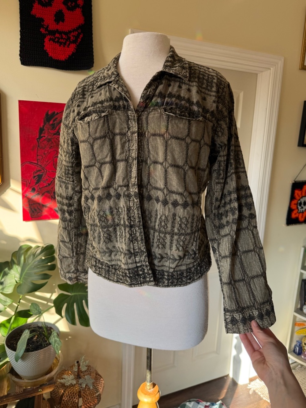 Chico's Olive Green and Black Patterned Jean Jacket